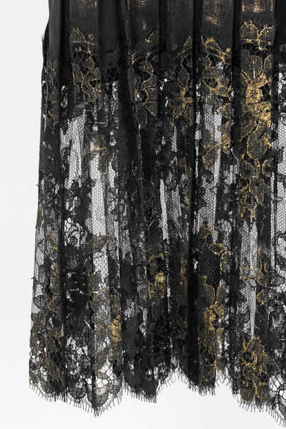 Jean Paul Gaultier Black Silk Gold-Foil Pleated Lace-Hem Midi Skirt