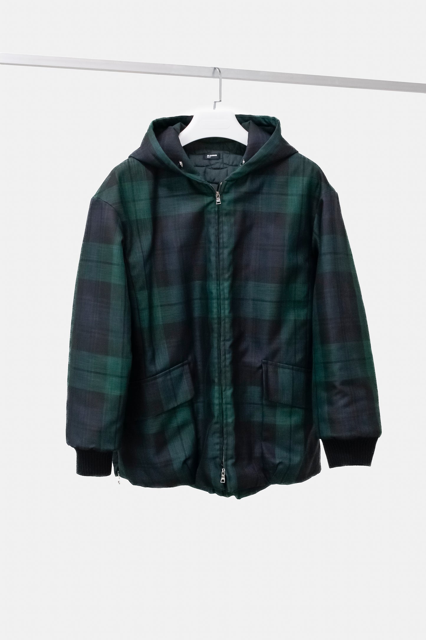 Jil Sander Navy Blackwatch Plaid Hooded Parka