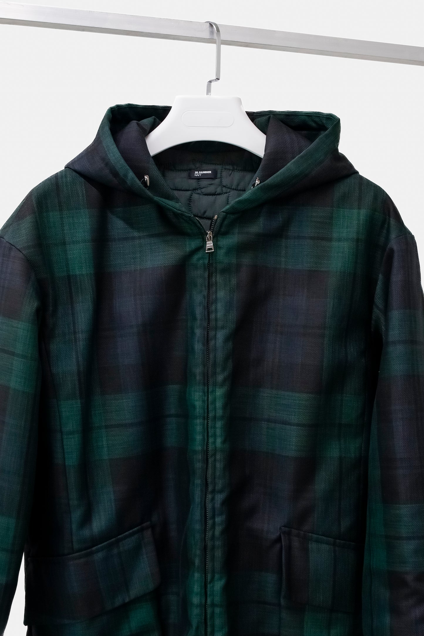 Jil Sander Navy Blackwatch Plaid Hooded Parka