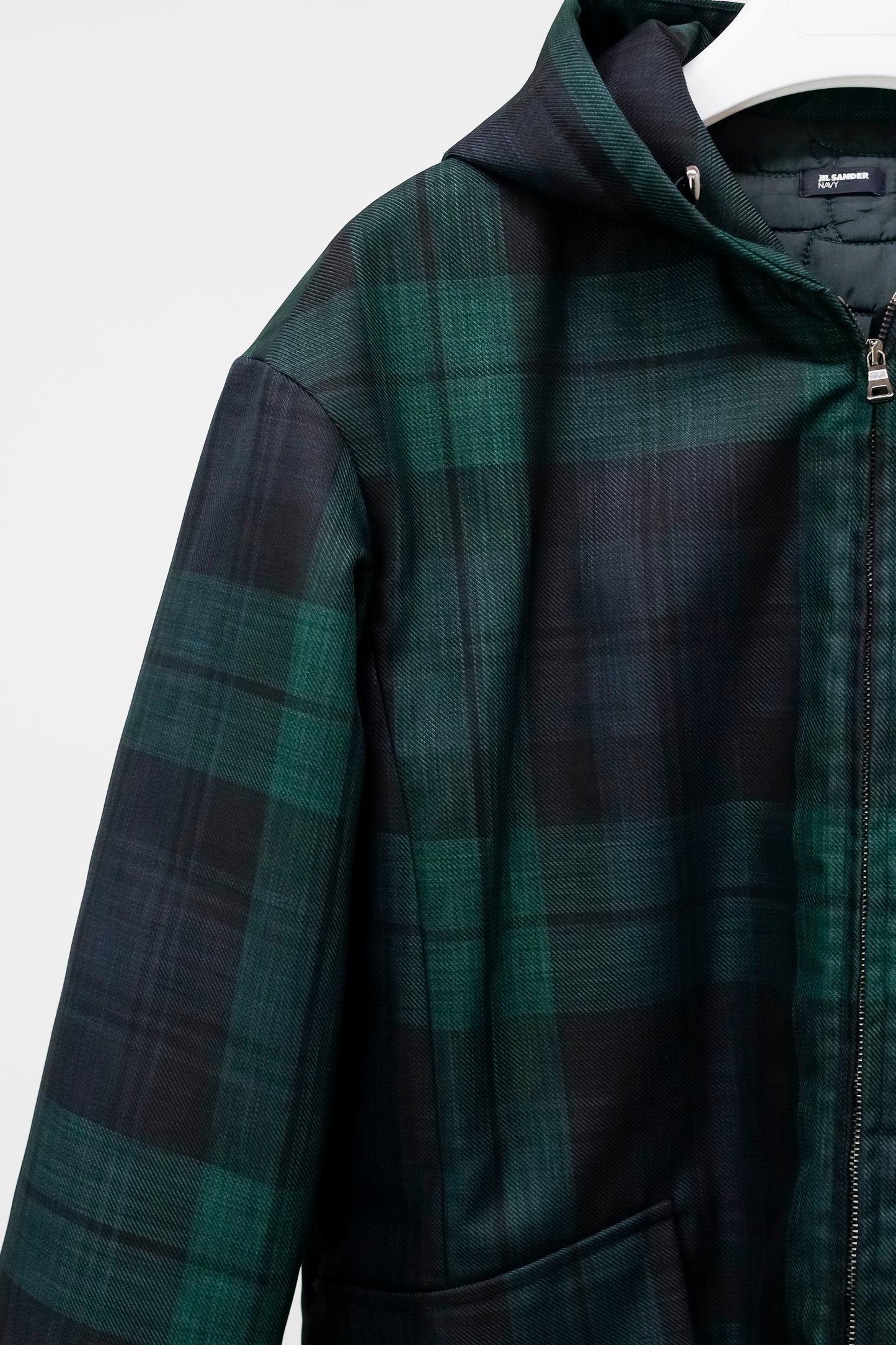 Jil Sander Navy Blackwatch Plaid Hooded Parka