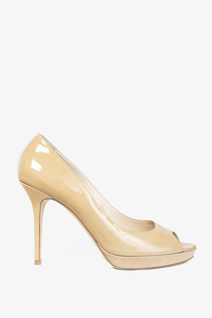 Jimmy Choo Luna Tan Patent-Leather Peep-Toe Platform Pumps