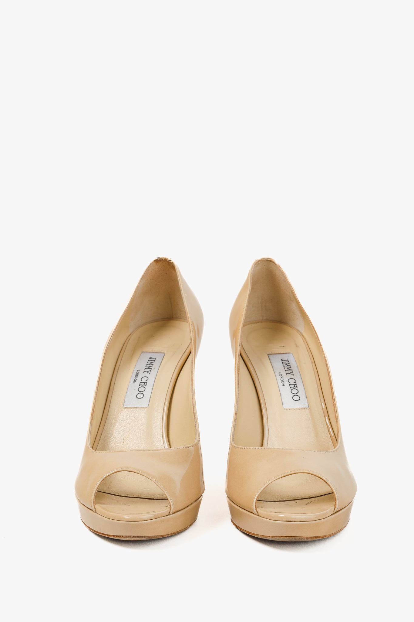 Jimmy Choo Luna Nude Patent Peep-Toe Heels