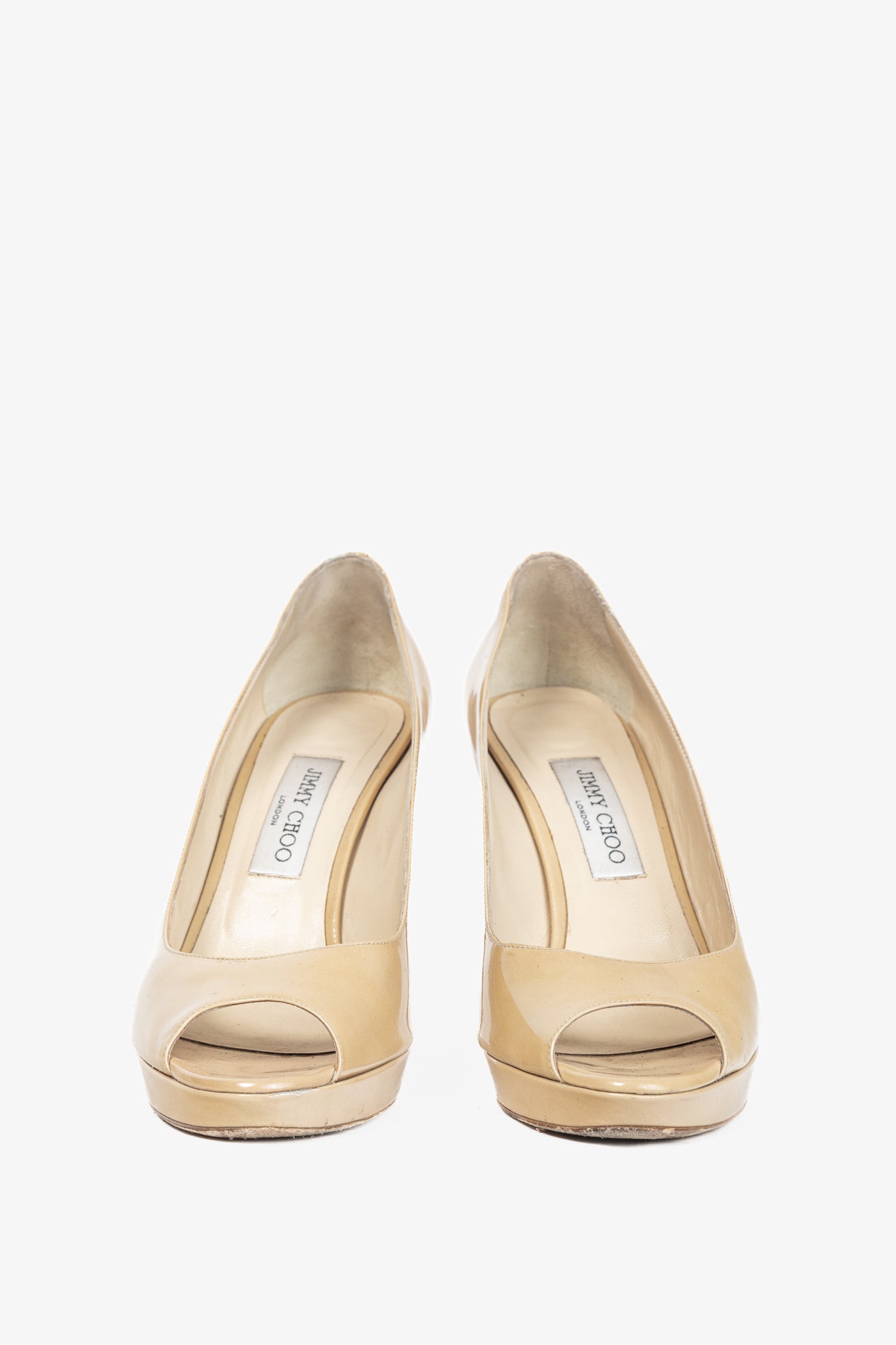 Jimmy Choo Luna Tan Patent-Leather Peep-Toe Platform Pumps