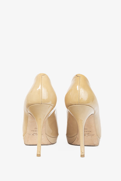 Jimmy Choo Luna Tan Patent-Leather Peep-Toe Platform Pumps