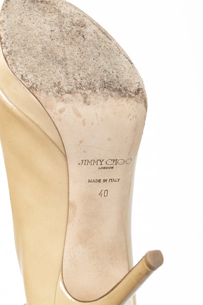 Jimmy Choo Luna Tan Patent-Leather Peep-Toe Platform Pumps