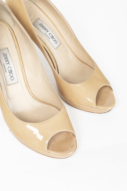 Jimmy Choo Luna Tan Patent-Leather Peep-Toe Platform Pumps
