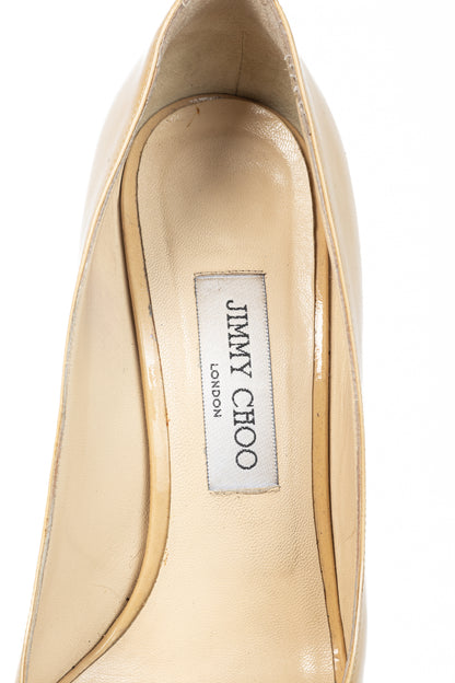 Jimmy Choo Luna Tan Patent-Leather Peep-Toe Platform Pumps