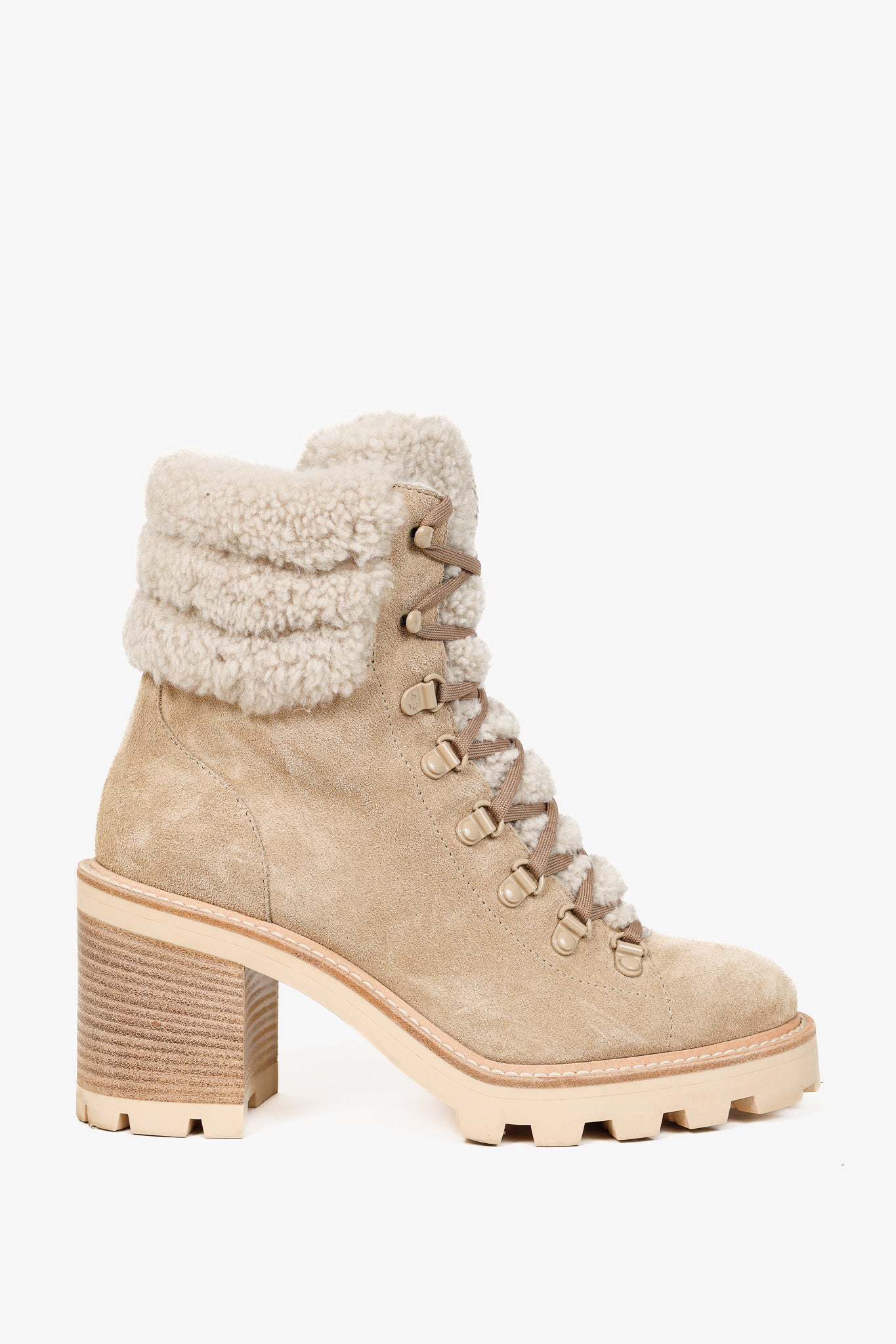 Jimmy Choo Eshe Stucco Beige Suede Flat Shearling Hiking Boots