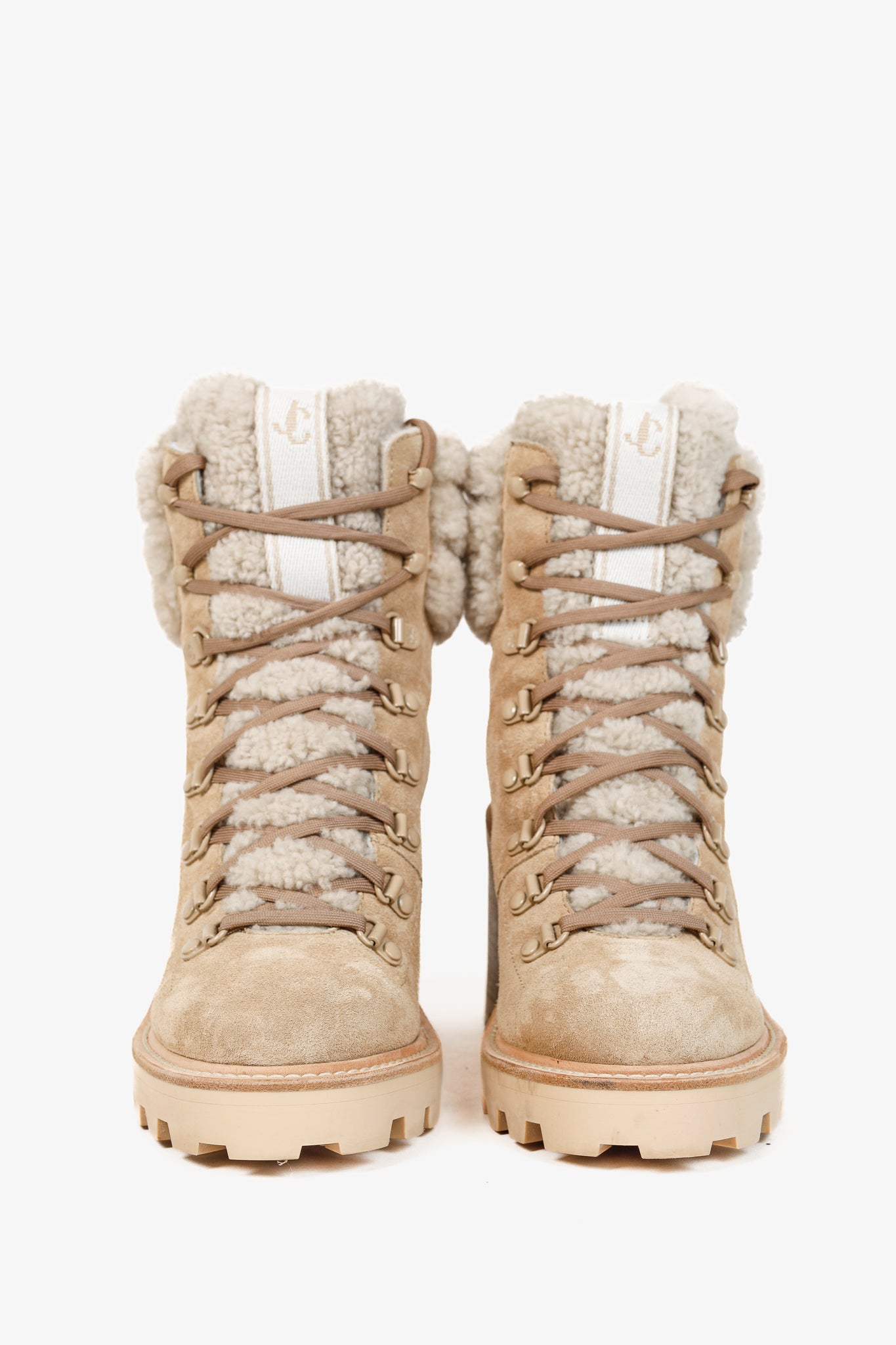 Jimmy Choo Eshe Stucco Beige Suede Flat Shearling Hiking Boots