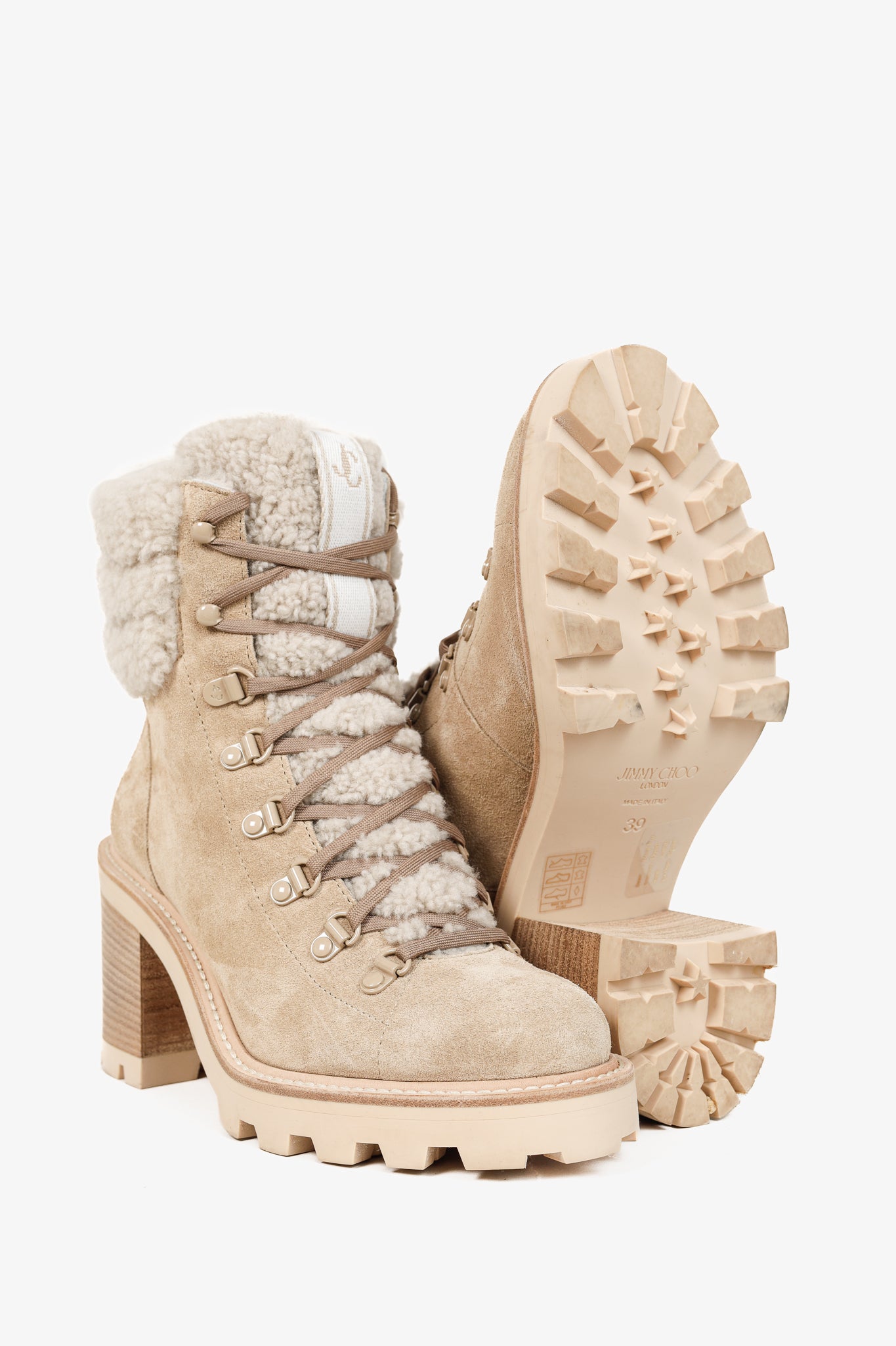 Jimmy Choo Eshe Stucco Beige Suede Flat Shearling Hiking Boots