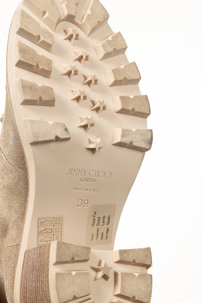 Jimmy Choo Eshe Stucco Beige Suede Flat Shearling Hiking Boots