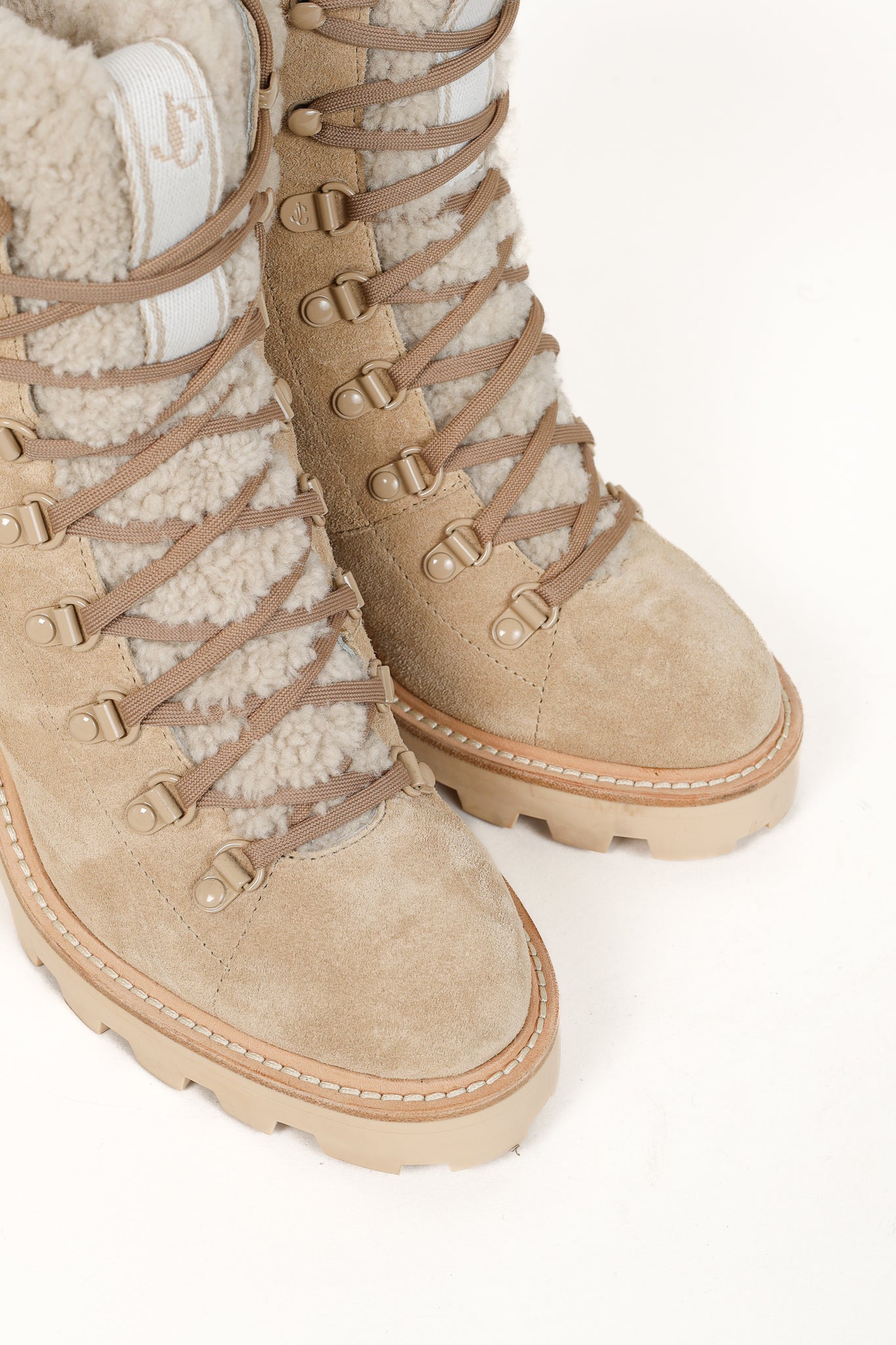 Jimmy Choo Eshe Stucco Beige Suede Flat Shearling Hiking Boots