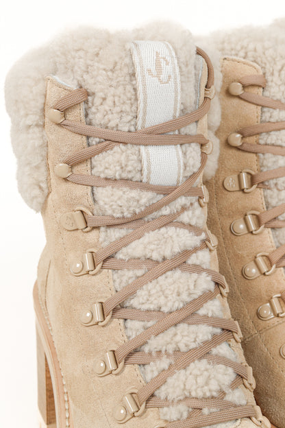 Jimmy Choo Eshe Stucco Beige Suede Flat Shearling Hiking Boots