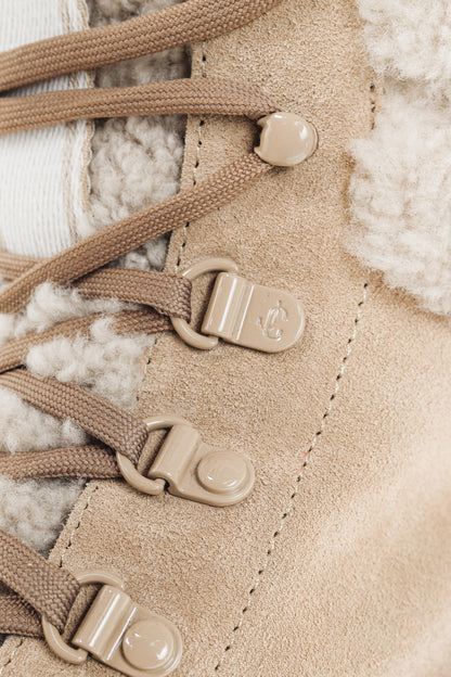 Jimmy Choo Eshe Stucco Beige Suede Flat Shearling Hiking Boots