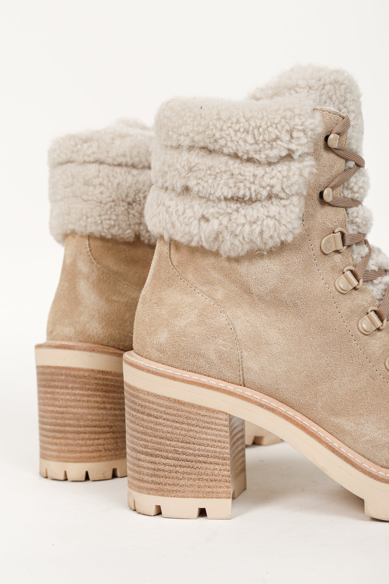 Jimmy Choo Eshe Stucco Beige Suede Flat Shearling Hiking Boots