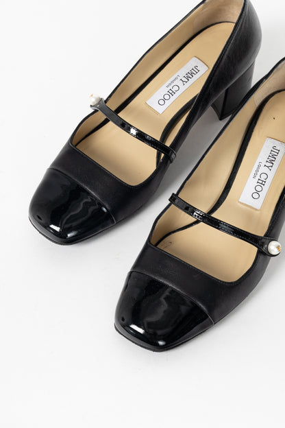 Jimmy Choo Elisa Black Cap-Toe Faux-Pearl Mary Jane Pumps