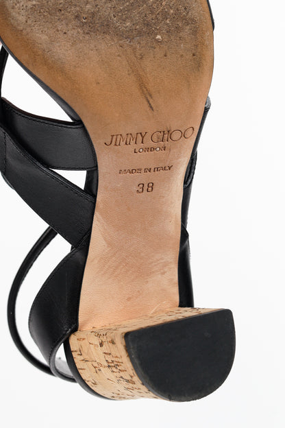 Jimmy Choo Margo Black Leather Crisscross Cork-Heel Sandals
