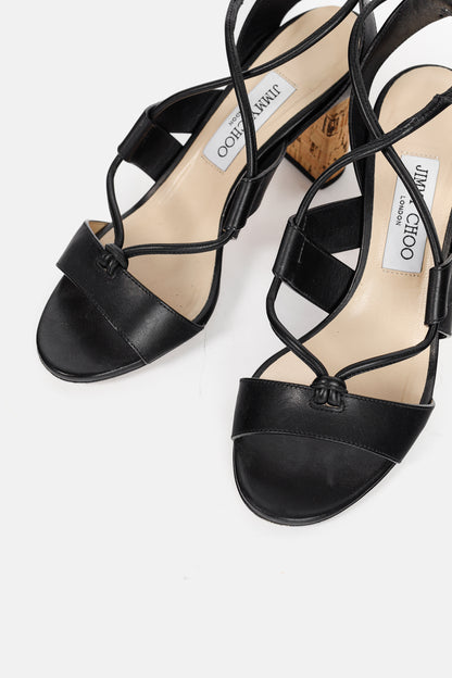 Jimmy Choo Margo Black Leather Crisscross Cork-Heel Sandals