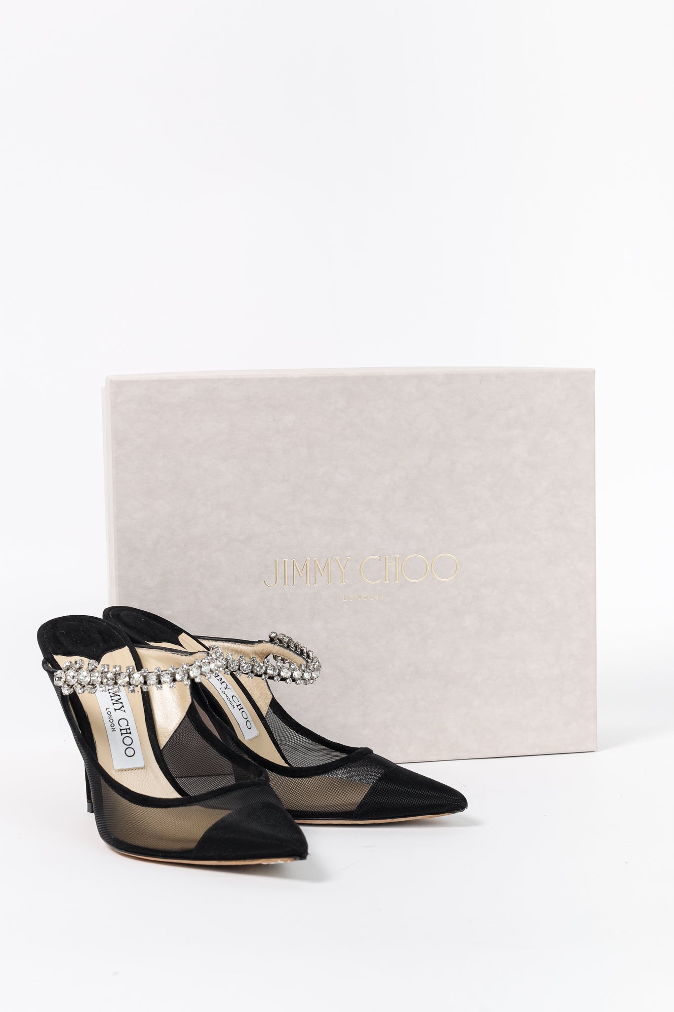 Jimmy Choo Bing 100 Black Mesh & Suede Crystal-Embellished Mules