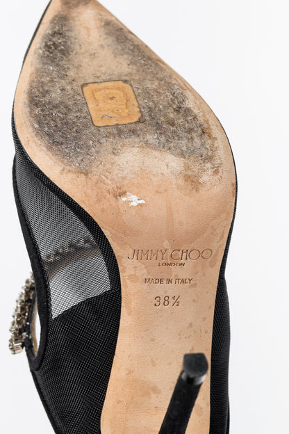 Jimmy Choo Bing 100 Black Mesh & Suede Crystal-Embellished Mules