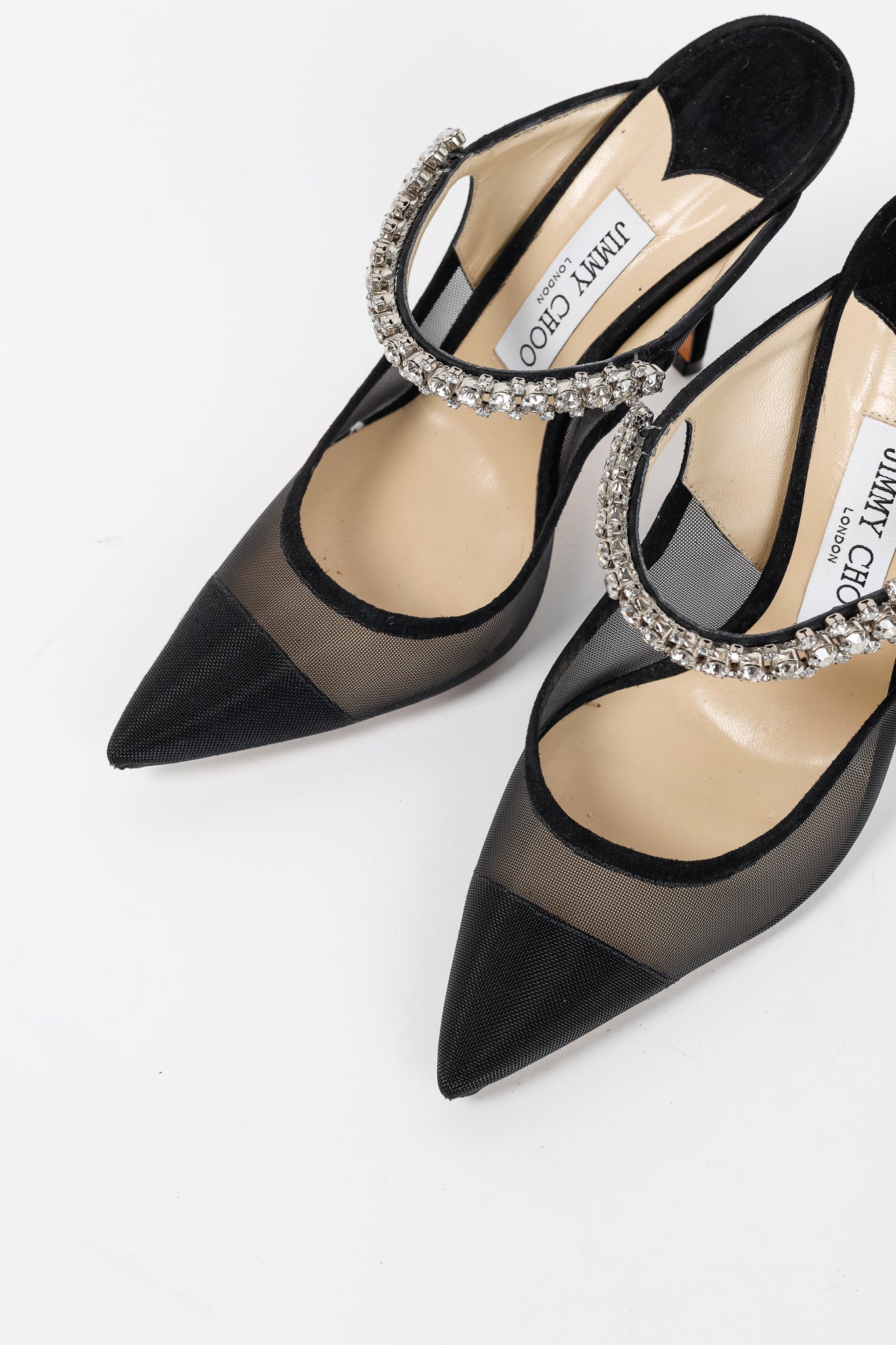 Jimmy Choo Bing 100 Black Mesh & Suede Crystal-Embellished Mules