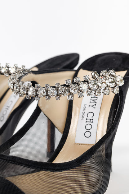 Jimmy Choo Bing 100 Black Mesh & Suede Crystal-Embellished Mules