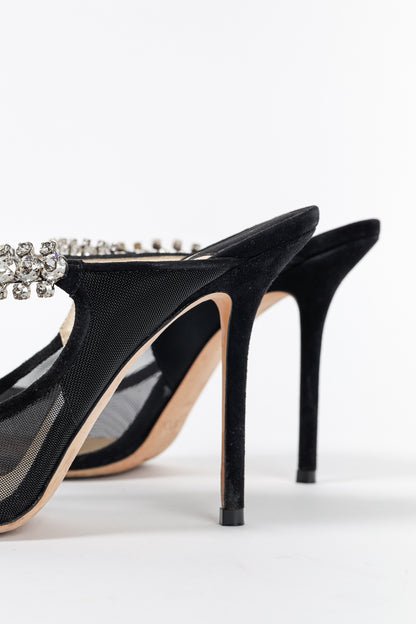 Jimmy Choo Bing 100 Black Mesh & Suede Crystal-Embellished Mules