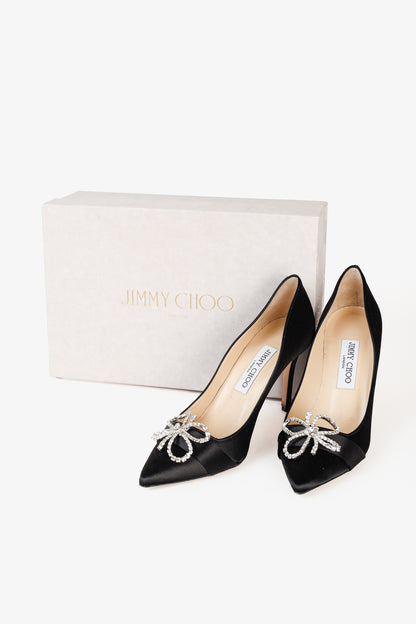 Jimmy Choo Veil 85 Black Satin Crystal-Bow Pumps