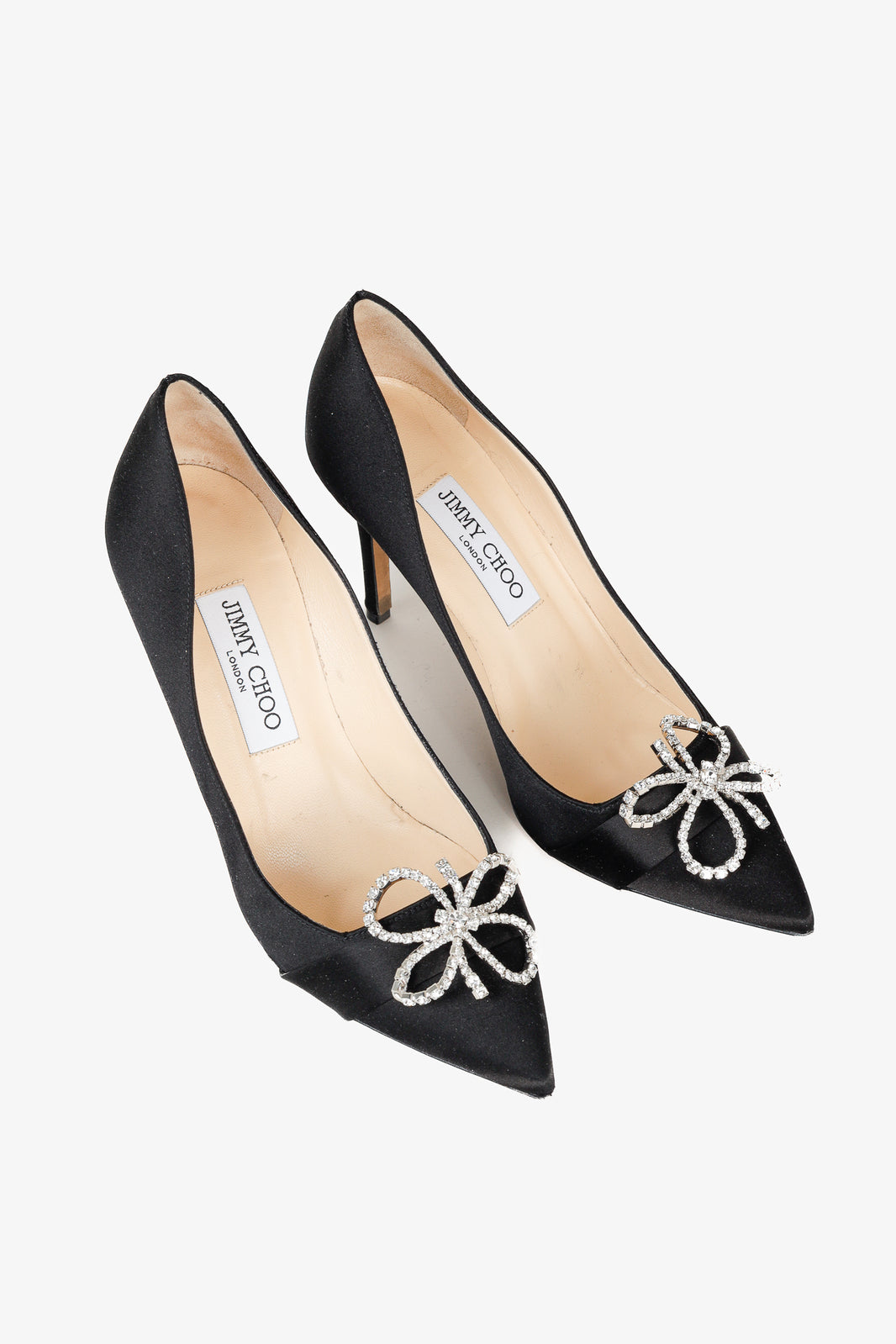 Jimmy Choo Veil 85 Black Satin Crystal-Bow Pumps