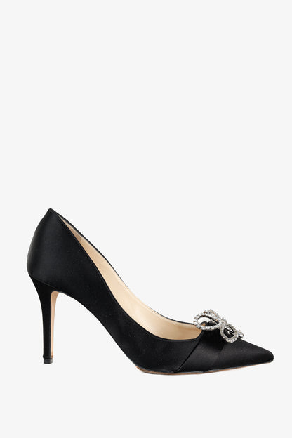 Jimmy Choo Veil 85 Black Satin Crystal-Bow Pumps