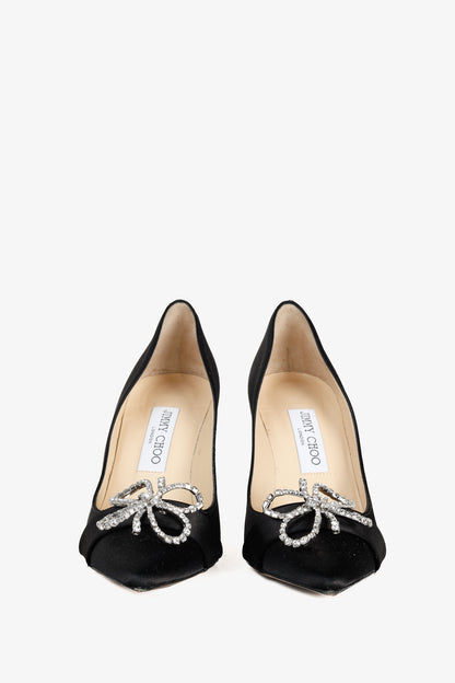 Jimmy Choo Veil 85 Black Satin Crystal-Bow Pumps