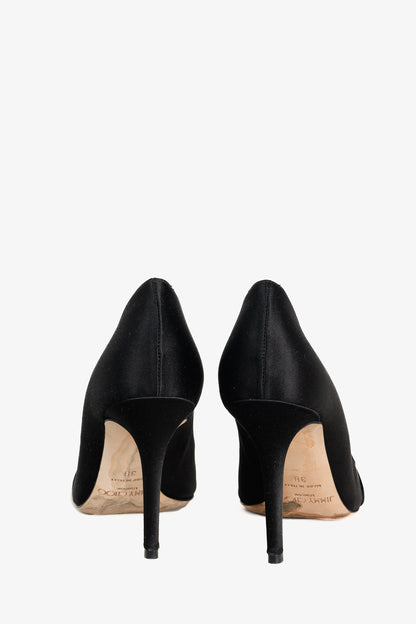 Jimmy Choo Veil 85 Black Satin Crystal-Bow Pumps