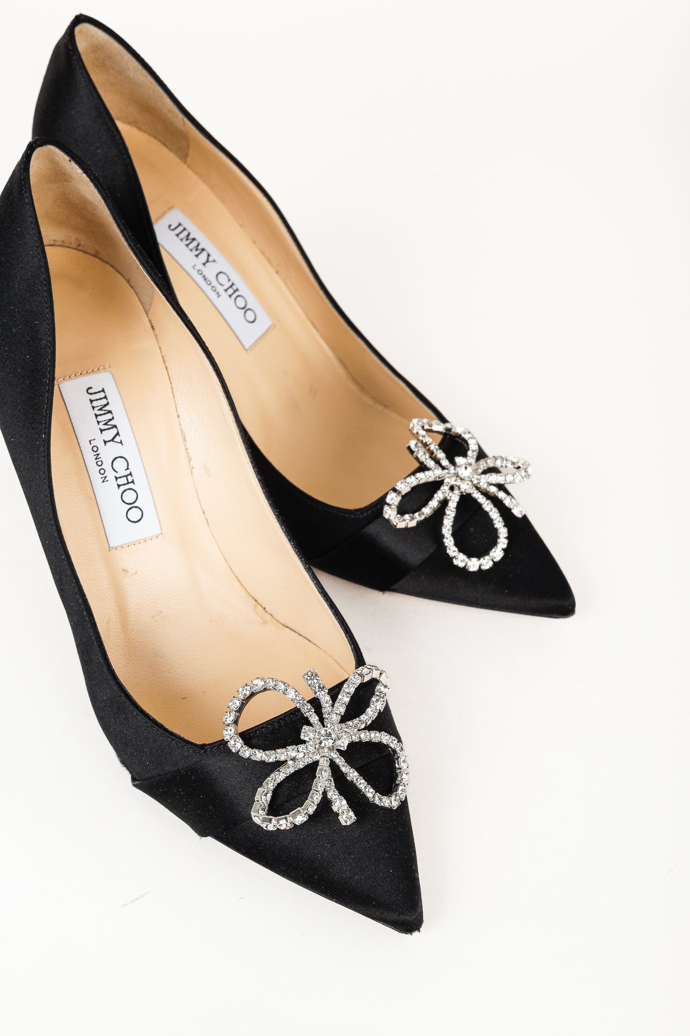 Jimmy Choo Veil 85 Black Satin Crystal-Bow Pumps