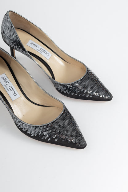 Jimmy Choo Romy 60 Black & Gunmetal Degrade Pailettes on Satin Pumps