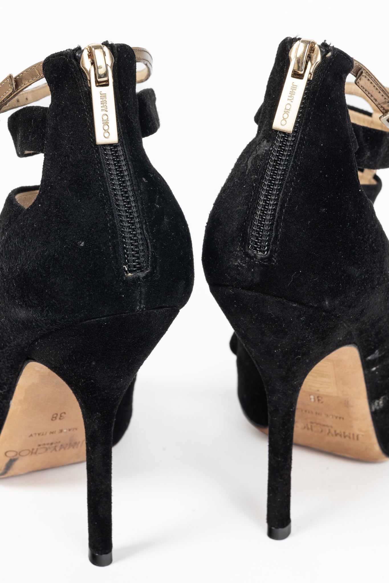 Jimmy Choo Fathom Black & Gold Suede Strappy Sandals