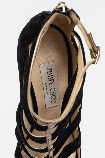 Jimmy Choo Fathom Black & Gold Suede Strappy Sandals