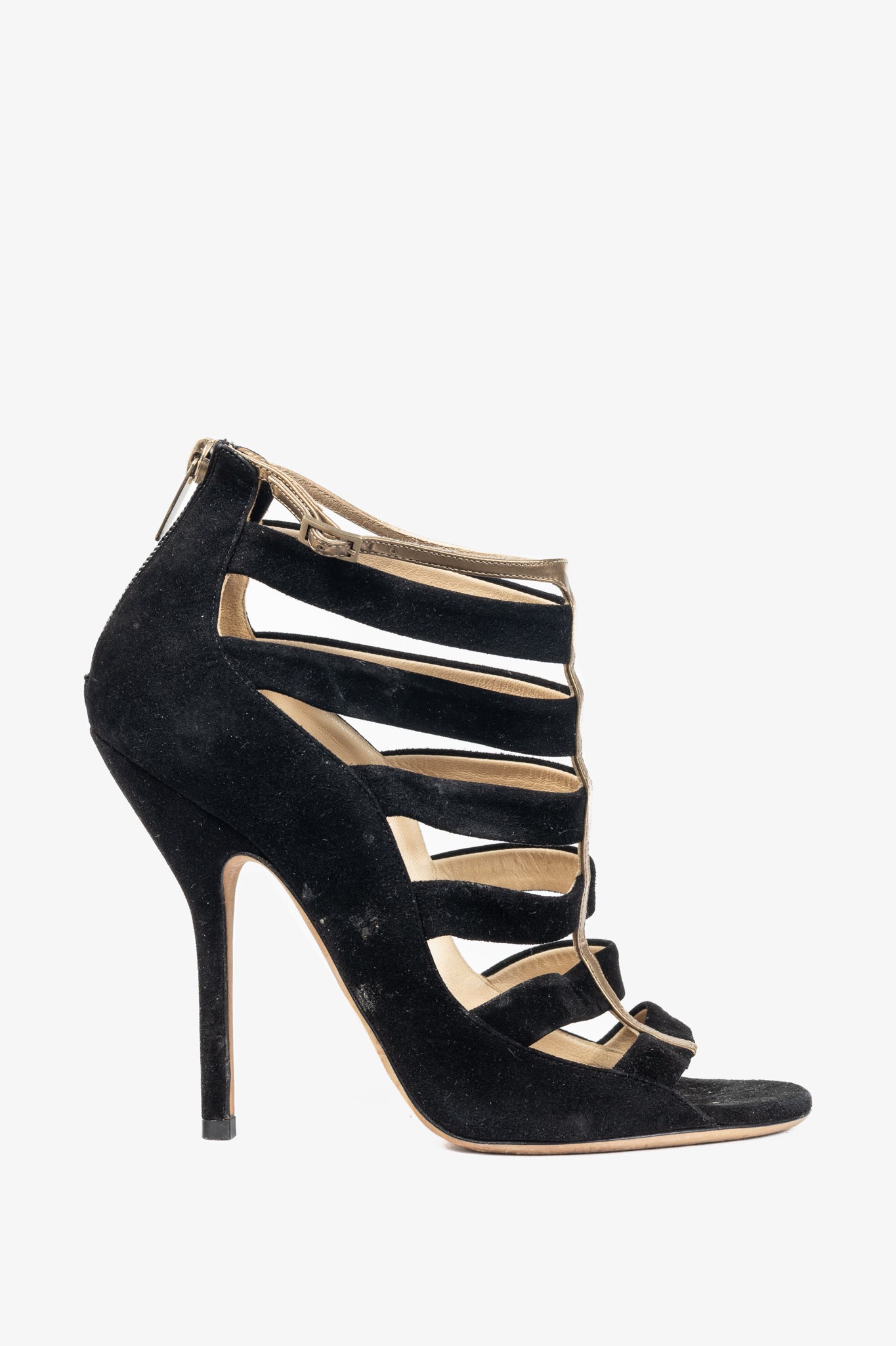 Jimmy Choo Fathom Black & Gold Suede Strappy Sandals
