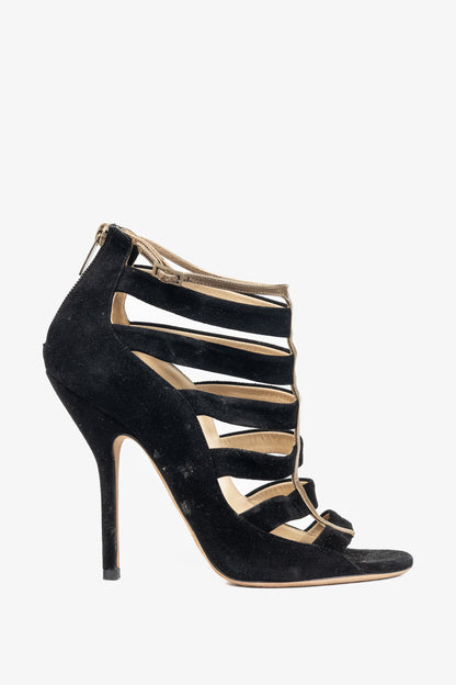 Jimmy Choo Fathom Black & Gold Suede Strappy Sandals