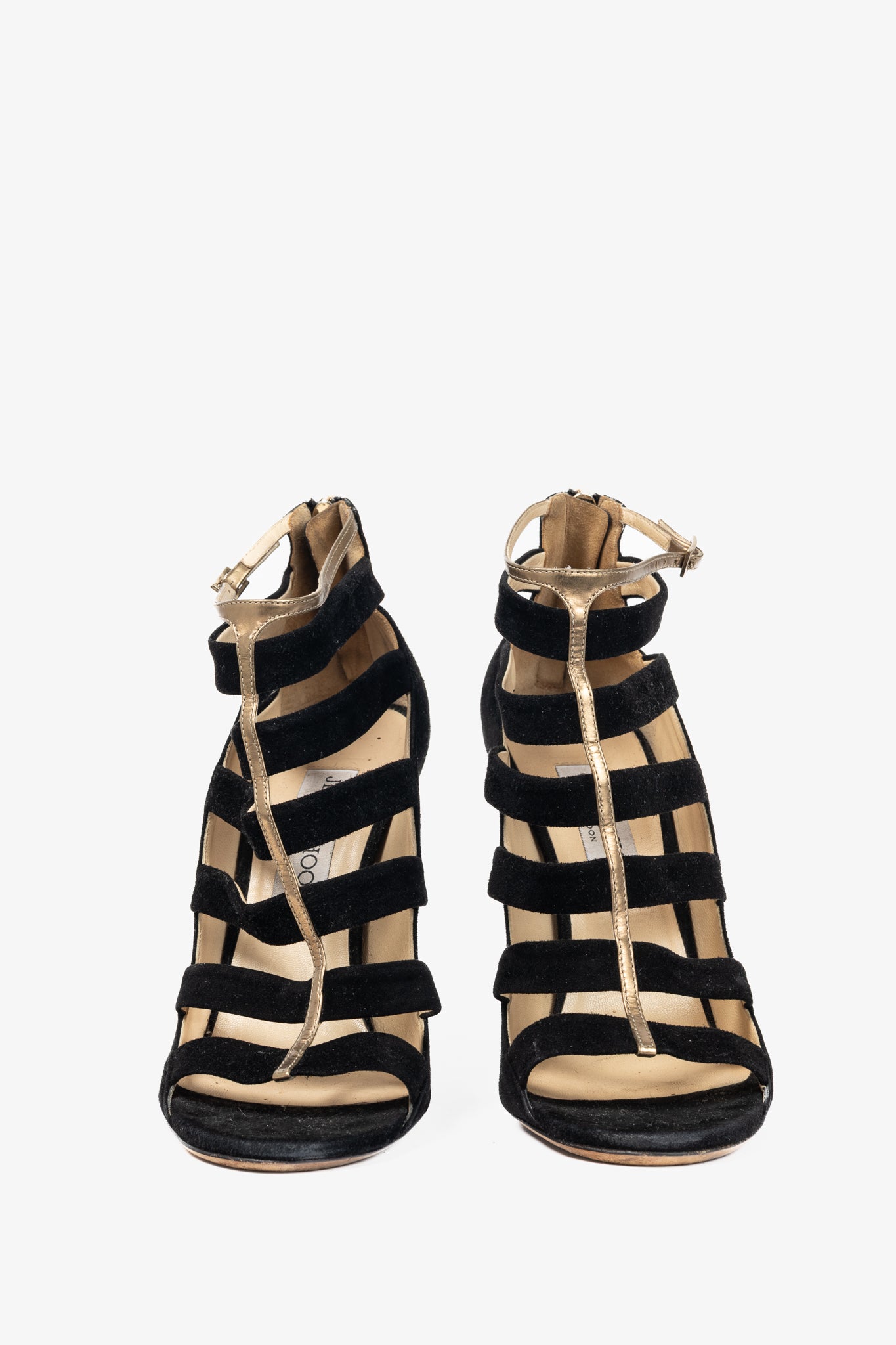 Jimmy Choo Fathom Black & Gold Suede Strappy Sandals