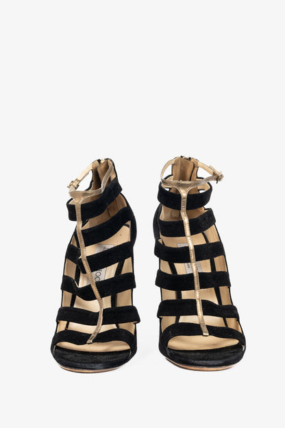 Jimmy Choo Fathom Black & Gold Suede Strappy Sandals
