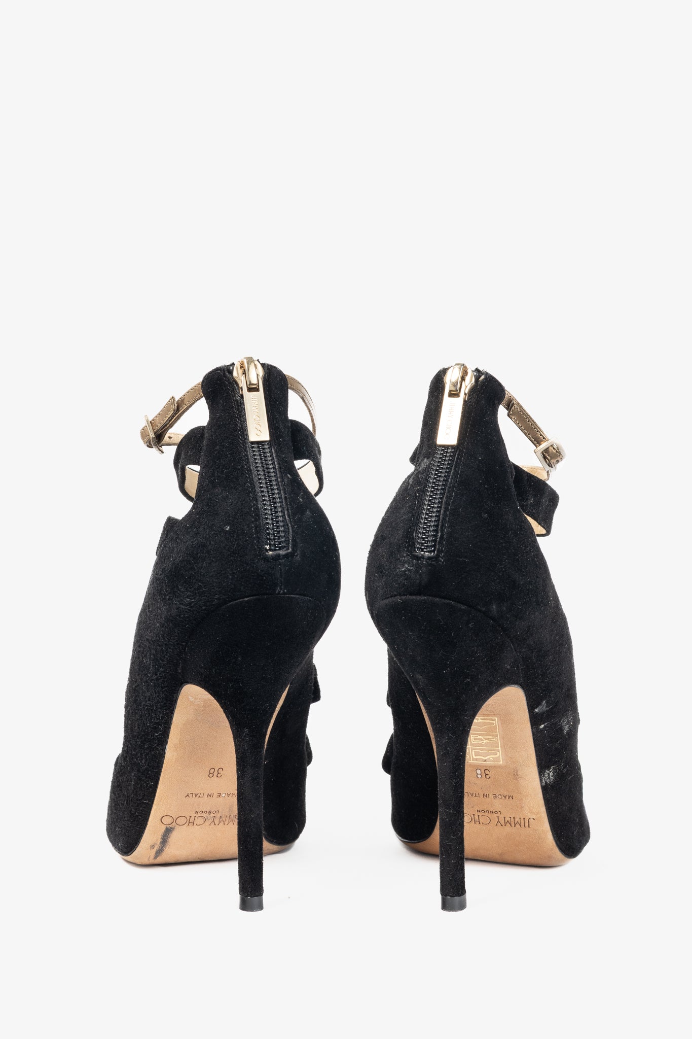 Jimmy Choo Fathom Black & Gold Suede Strappy Sandals