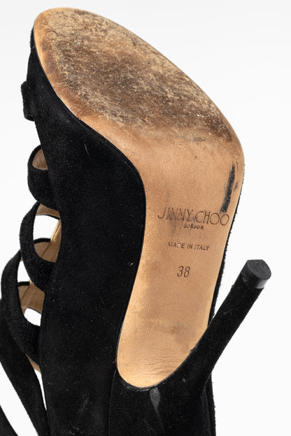 Jimmy Choo Fathom Black & Gold Suede Strappy Sandals
