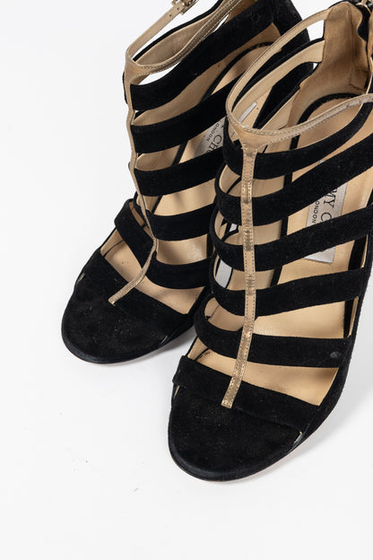 Jimmy Choo Fathom Black & Gold Suede Strappy Sandals