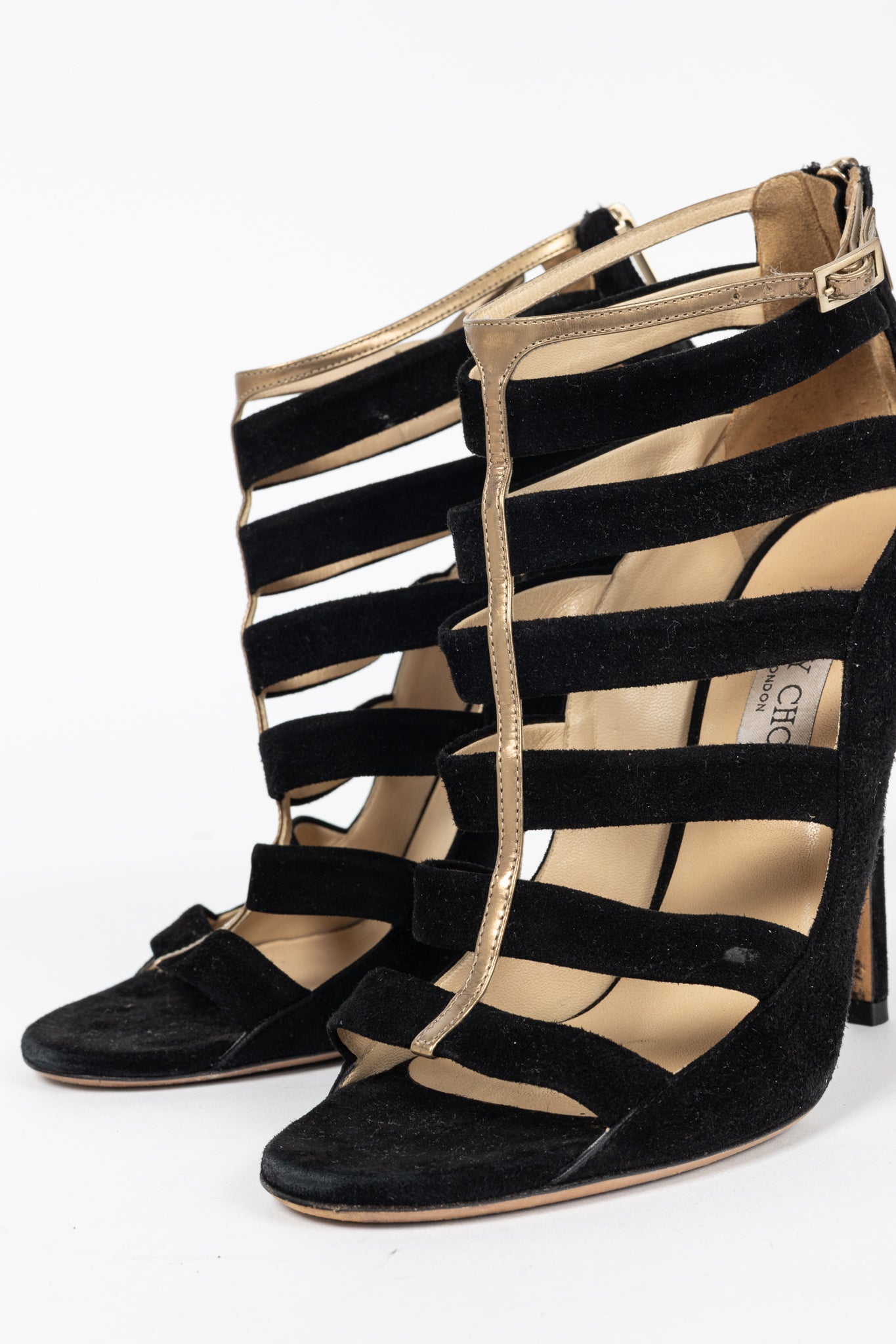 Jimmy Choo Fathom Black & Gold Suede Strappy Sandals