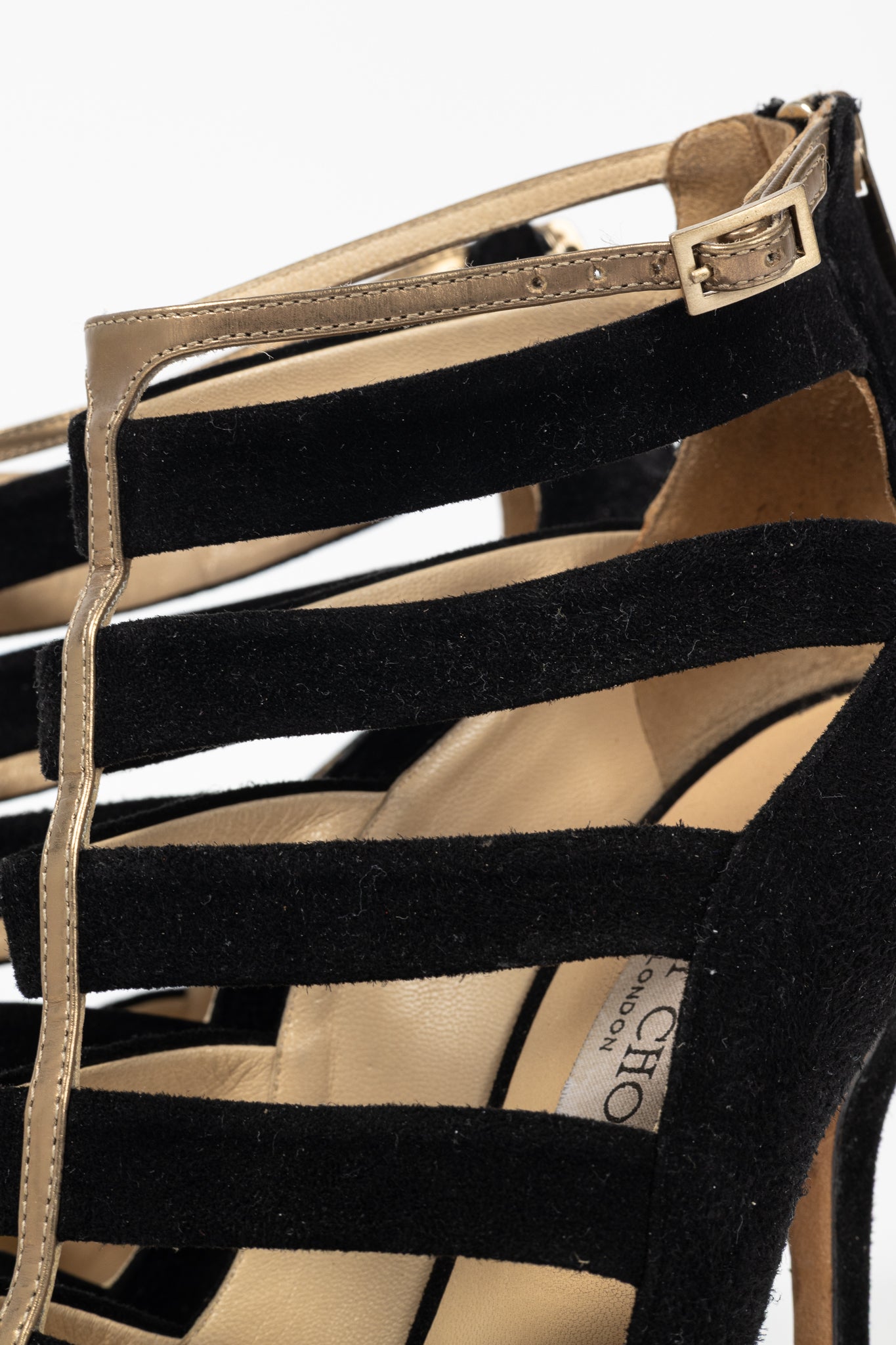 Jimmy Choo Fathom Black & Gold Suede Strappy Sandals