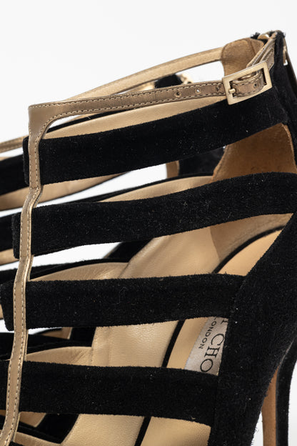Jimmy Choo Fathom Black & Gold Suede Strappy Sandals