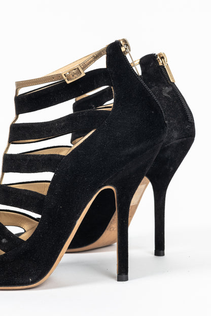 Jimmy Choo Fathom Black & Gold Suede Strappy Sandals