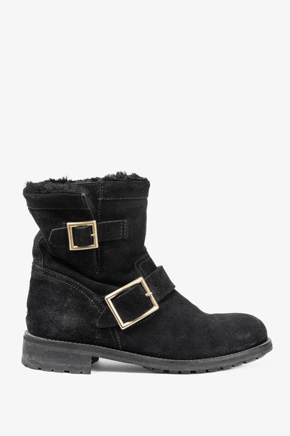 Jimmy Choo Youth Black Suede Buckled Moto Ankle Boots
