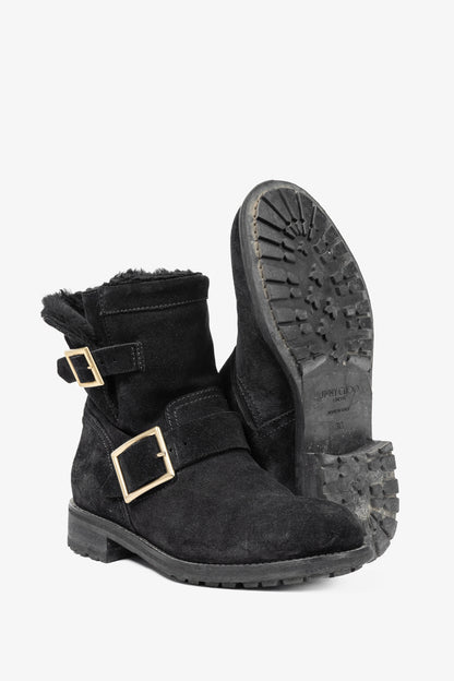 Jimmy Choo Youth Black Suede Buckled Moto Ankle Boots