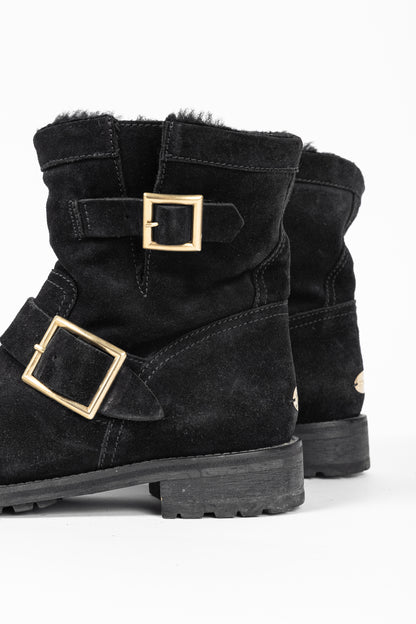 Jimmy Choo Youth Black Suede Buckled Moto Ankle Boots